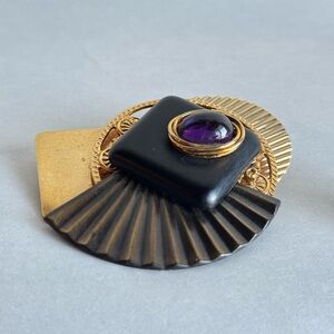 Vintage Geometric Fan Shape Brooch Purple Cabochon, 1980s Memphis Art Deco Style